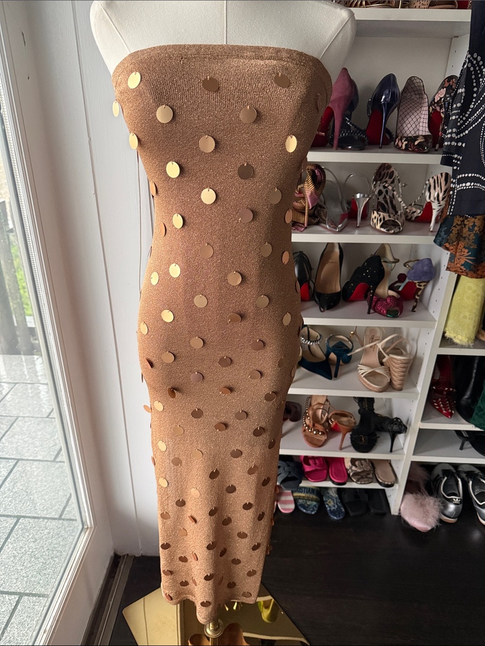 Gold Sequin Strapless Midi Dress 
House of Harlow x Revolve